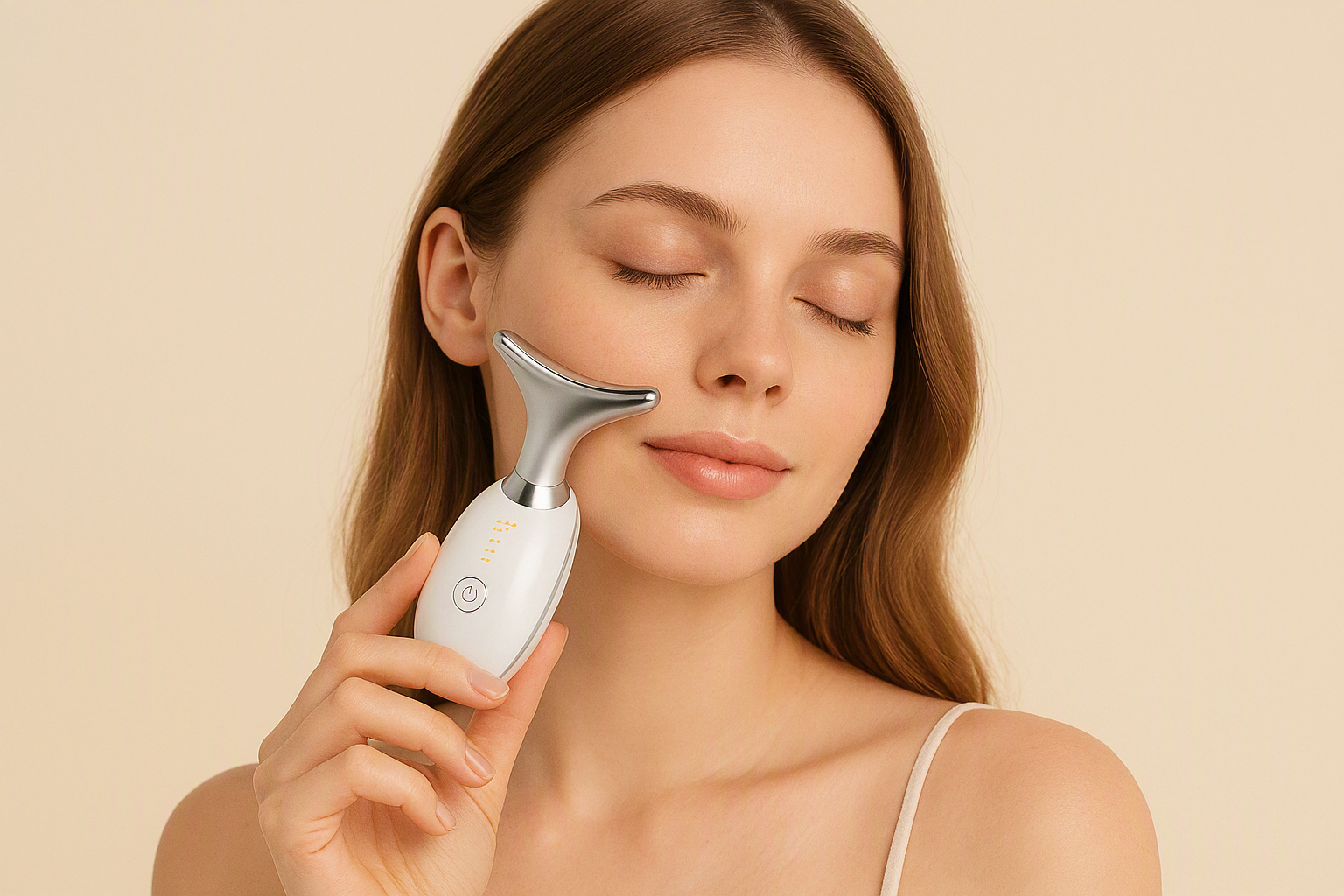 דוגמנית מחזיקה מכשיר טיפוח פנים של SkineRya